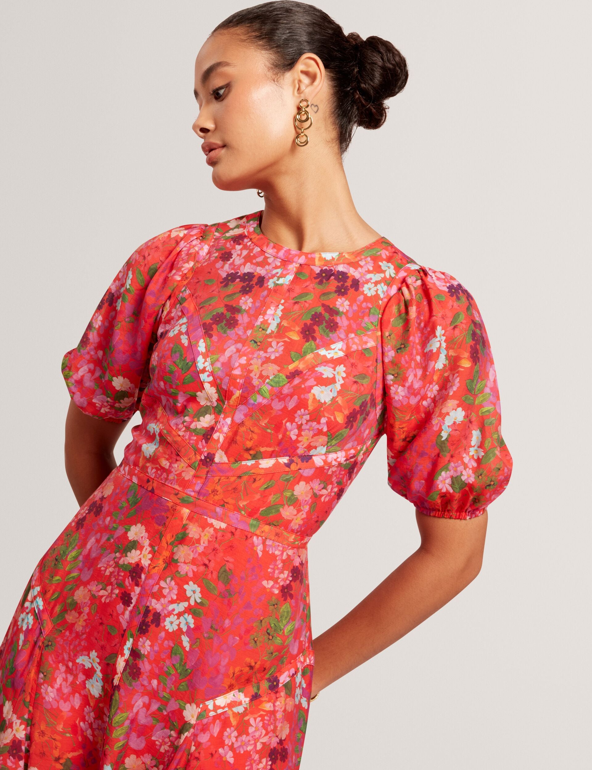 Blossom Print Puff Sleeve A-line Midi Dress | Sianna