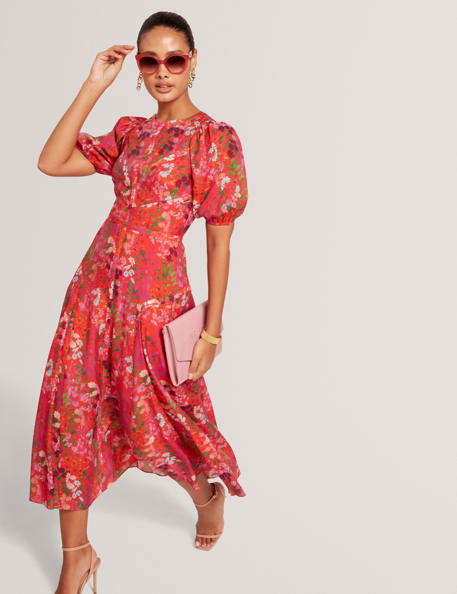 Red Blossom Print Puff Sleeve A-line Midi Dress | Sianna | Ted Baker UK Red Blossom Print Puff Sleeve A-line Midi Dress | Sianna | Ted Baker UK