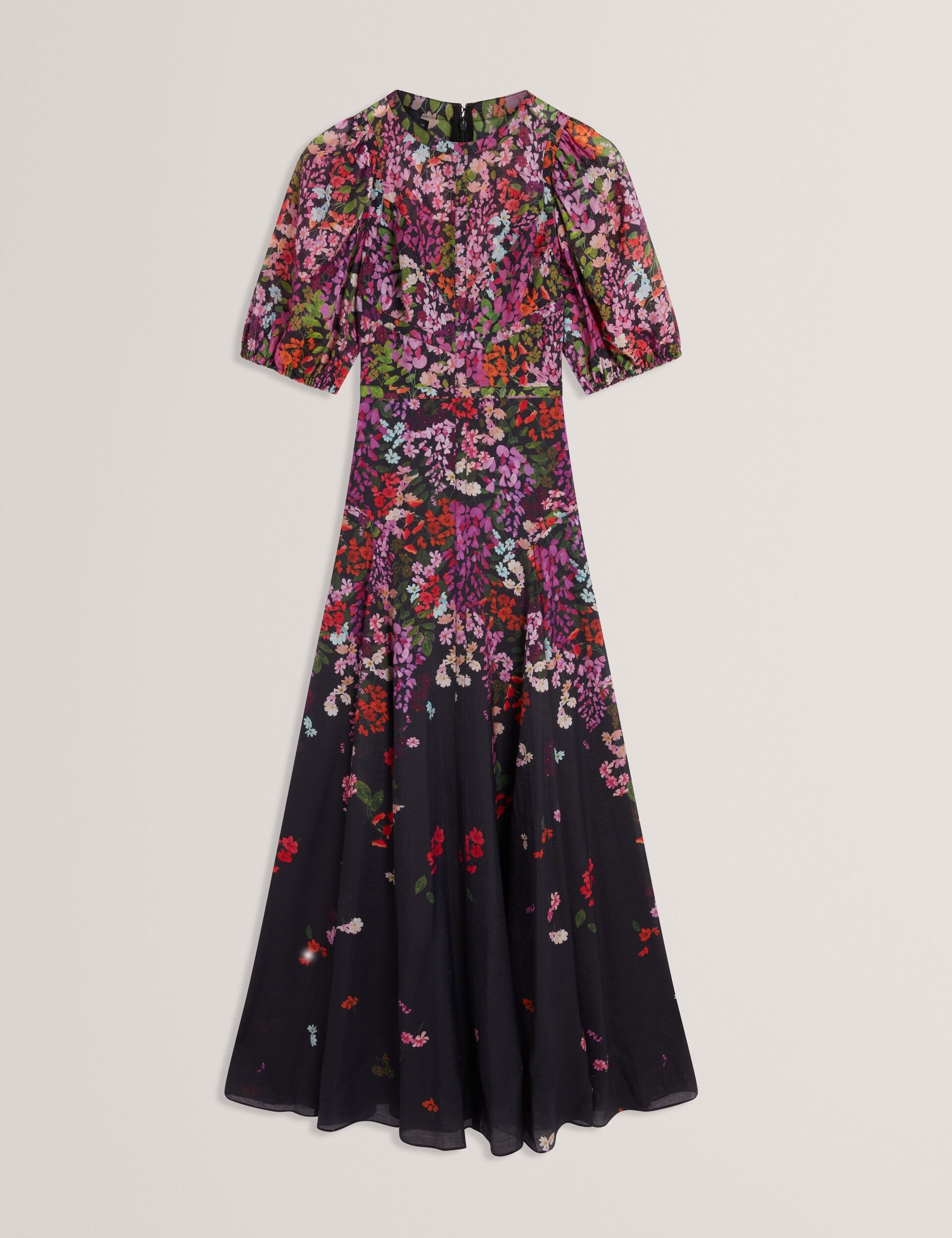 Black Scattered Floral Puff Sleeve A-line Maxi Dress | Zahhla