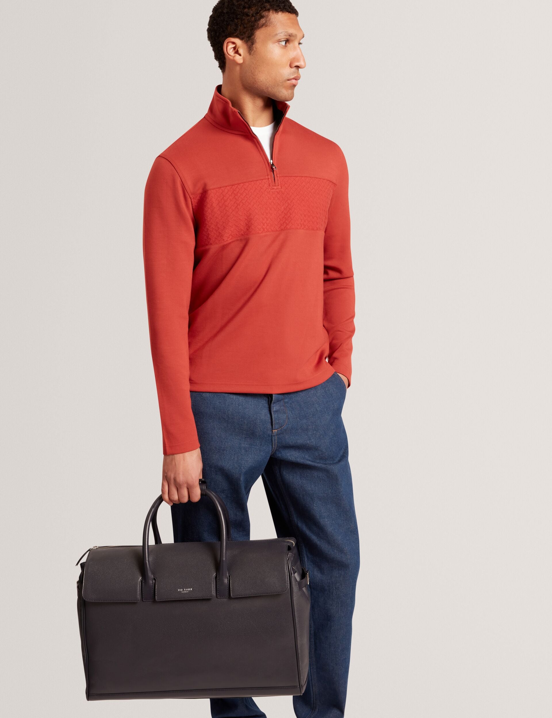 Dk-orange Textured Panel Half-zip Modal Sweatshirt | Simonea | Ted