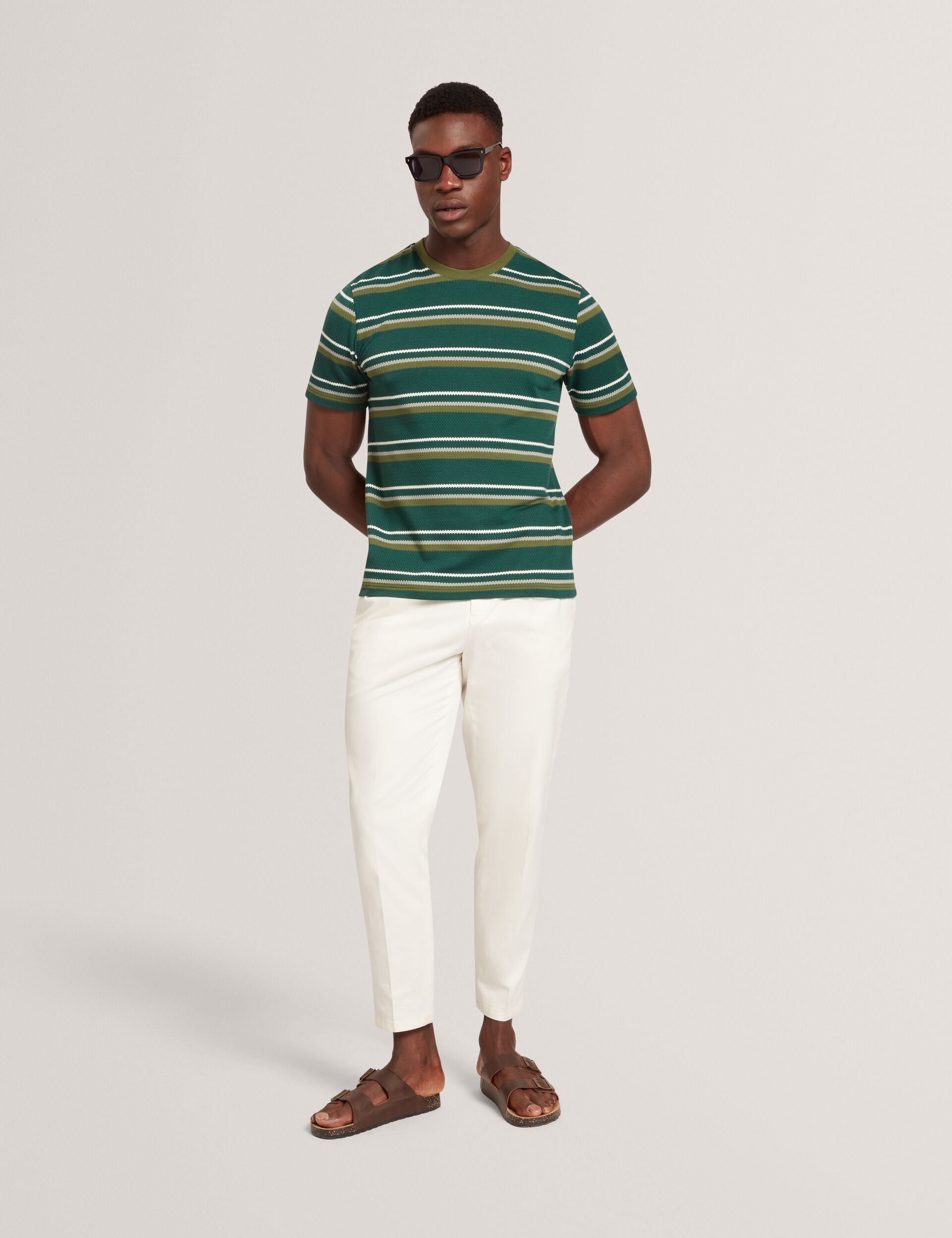Green Striped Textured Crew Neck T-shirt Gorano Ted Baker US