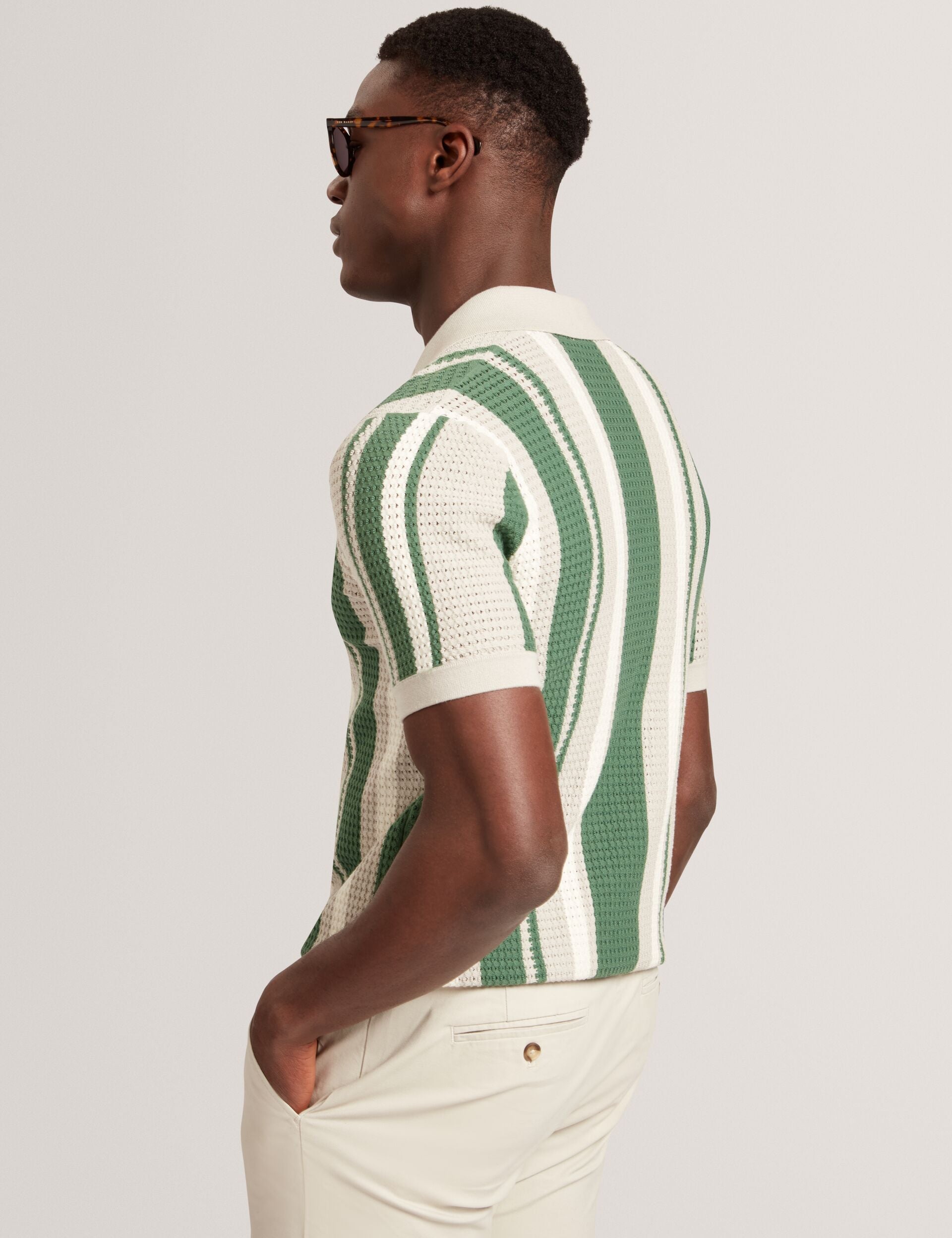 Khaki Short Sleeve Open Neck Pointelle Stripe Shirt Flauden