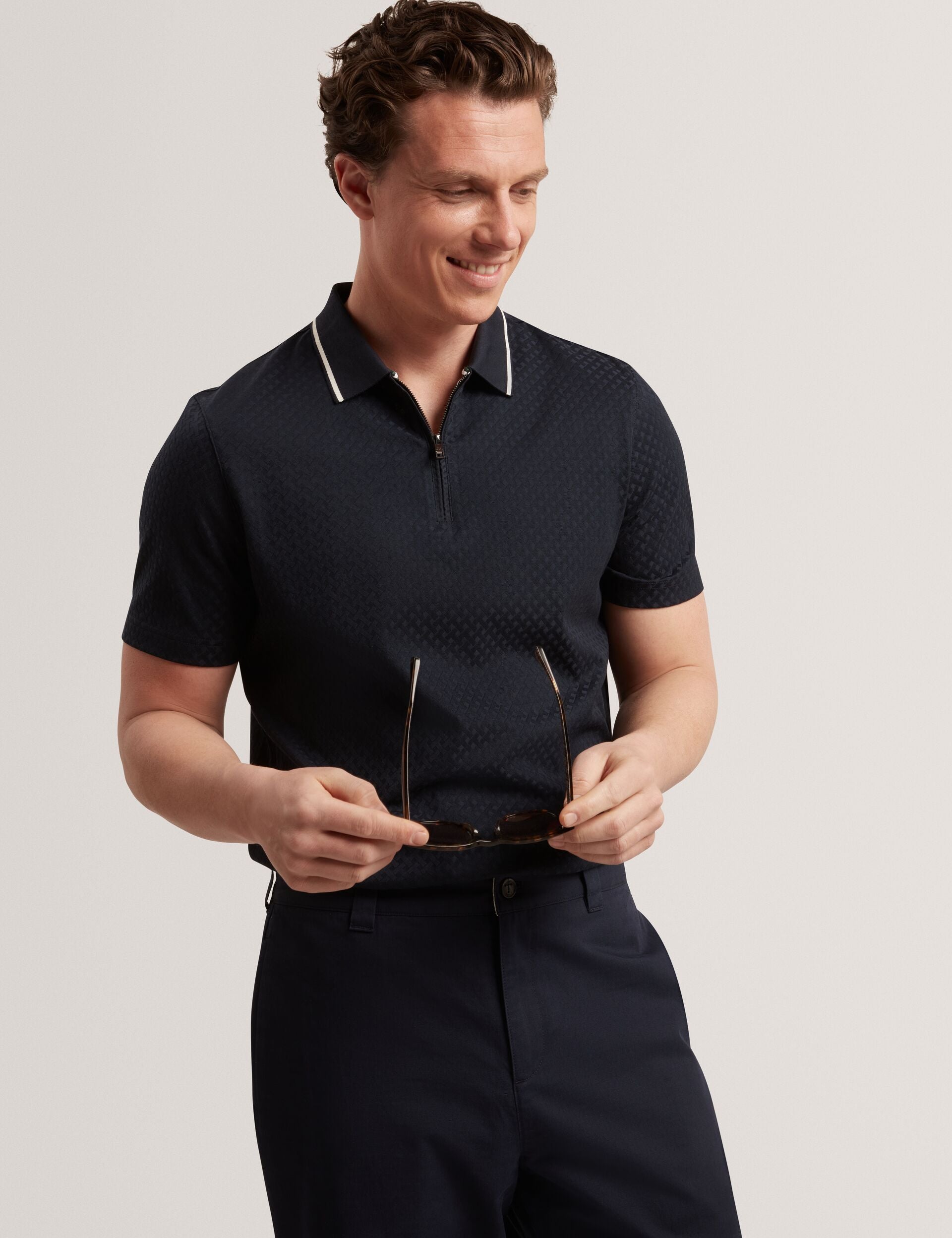 T Texture Zip Neck Short Sleeve Polo | Cophen | Ted Baker US