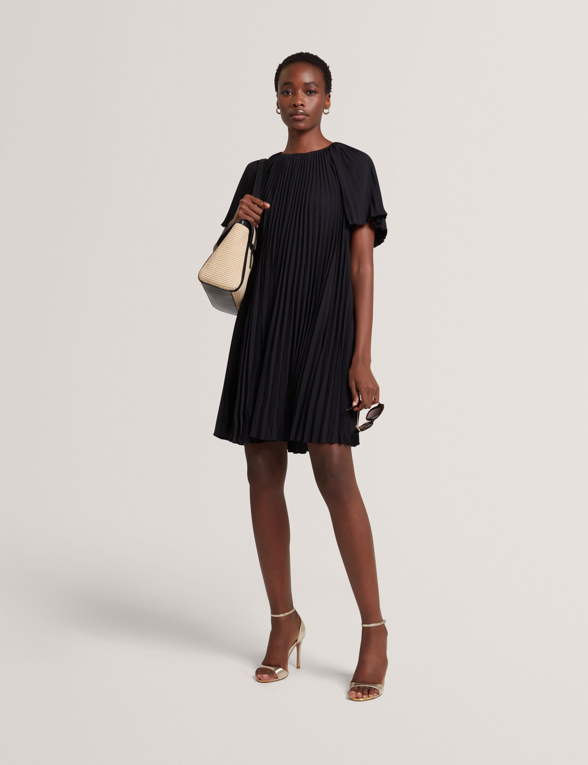 Black Pleated Short Sleeve A-line Mini Dress | Convala | Ted Baker UK Black Pleated Short Sleeve A-line Mini Dress | Convala | Ted Baker UK