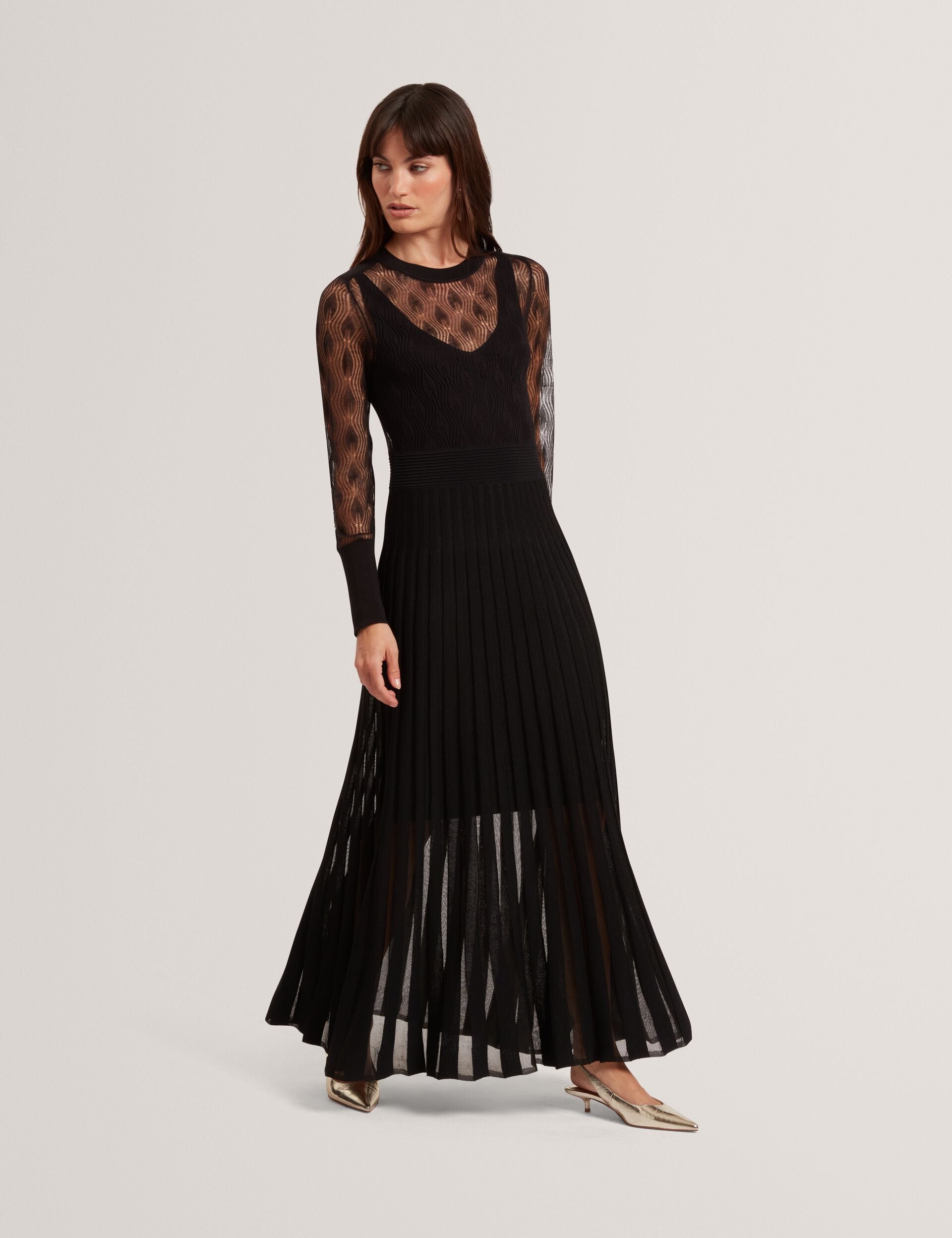 Black Pointelle Knit Asymmetric Midi Dress | Tiimara