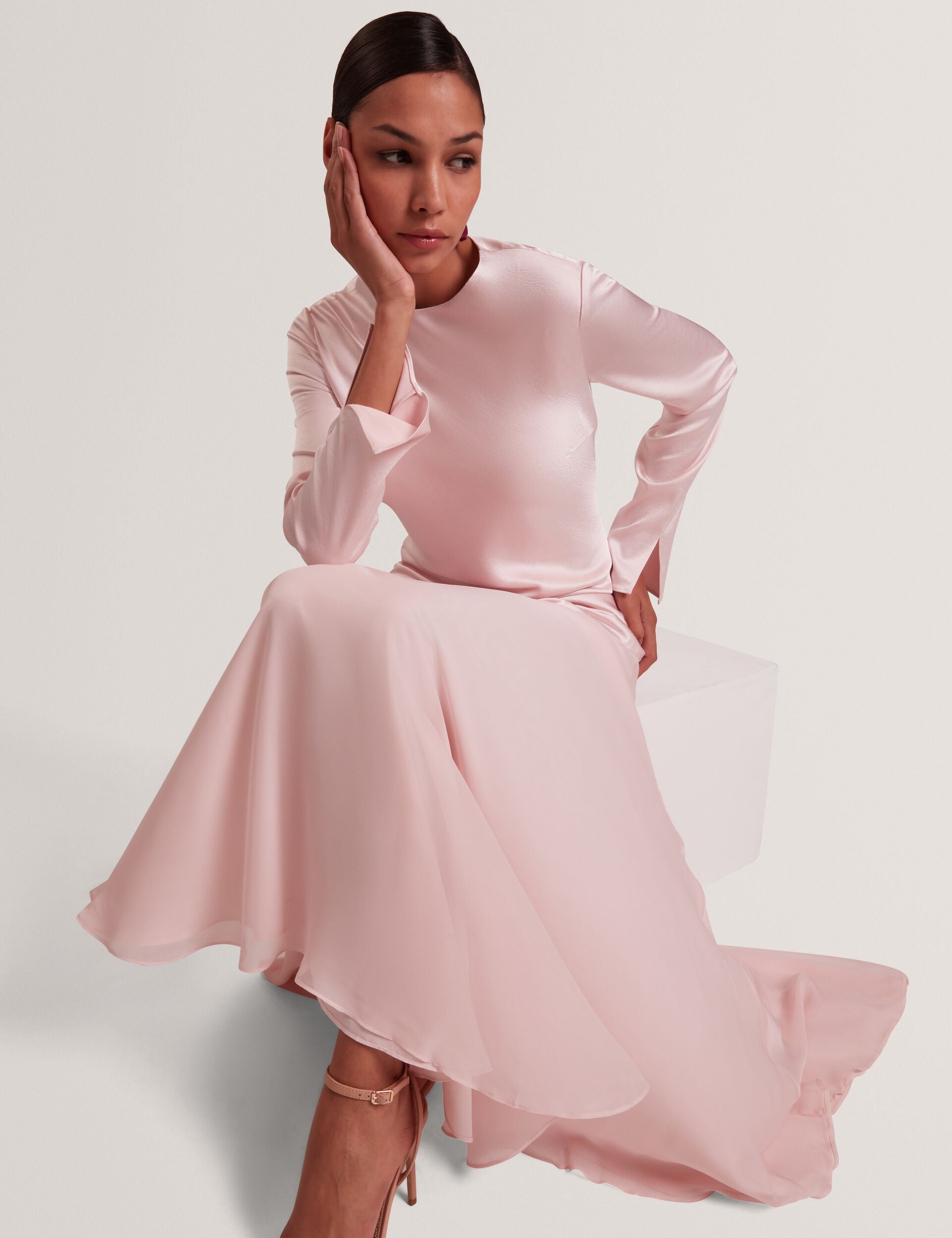 Satin Long Sleeve Maxi Dress With Chiffon Hem | Shkye | Ted Baker UK Satin Long Sleeve Maxi Dress With Chiffon Hem | Shkye | Ted Baker UK