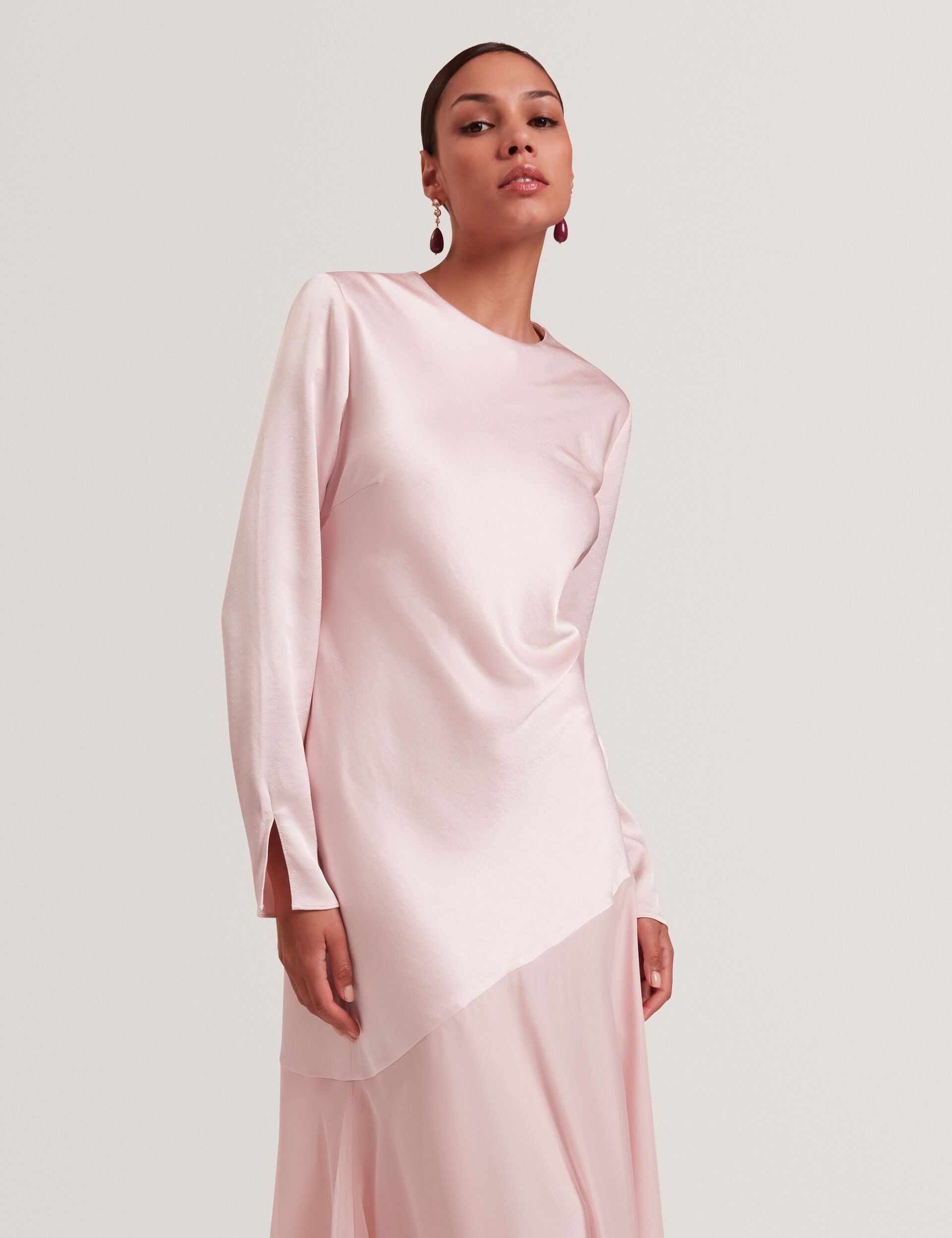 Satin Long Sleeve Maxi Dress With Chiffon Hem | Shkye | Ted Baker UK Satin Long Sleeve Maxi Dress With Chiffon Hem | Shkye | Ted Baker UK