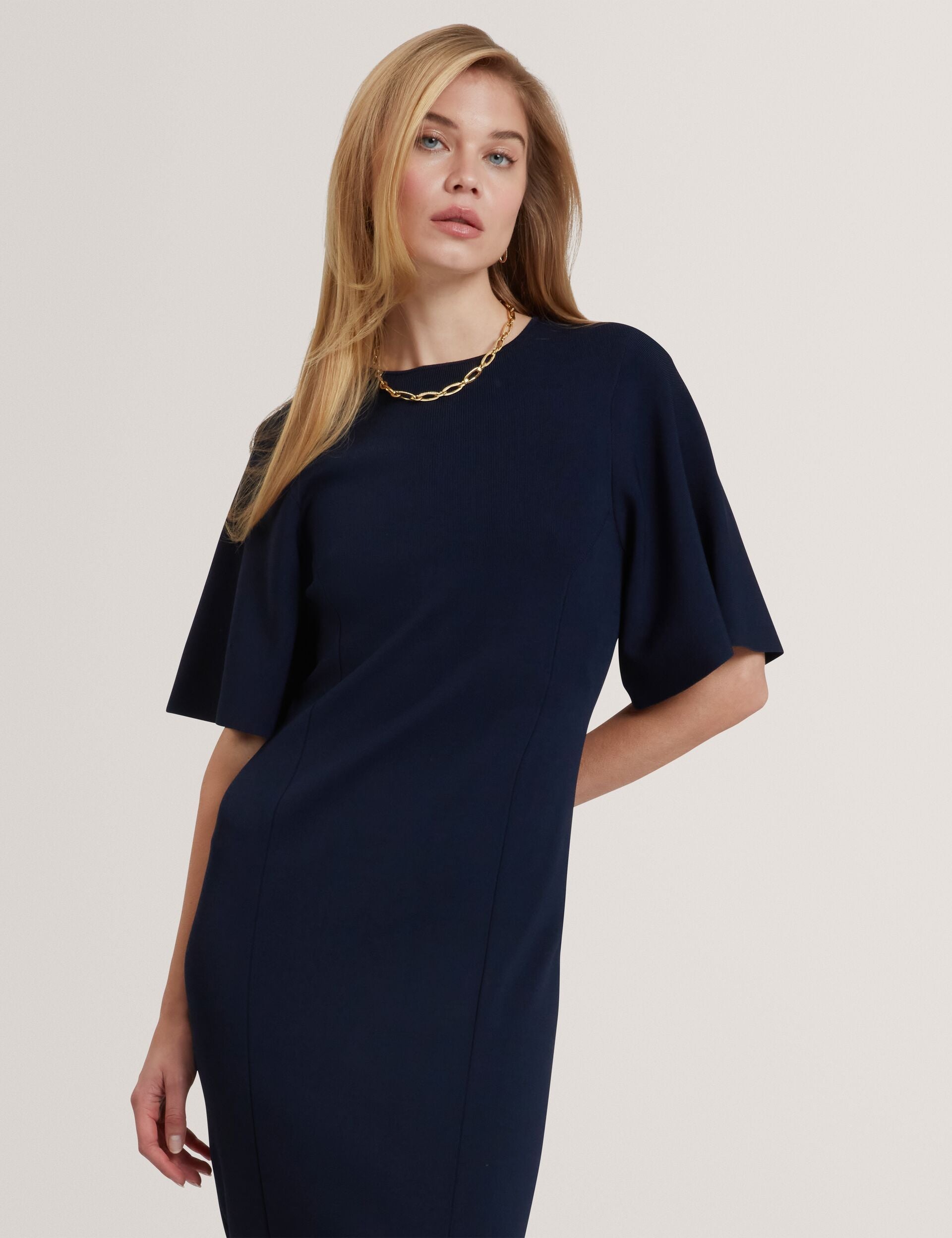 ted baker fluted sleeve knitted bodycon midi dress Ribbed Bodycon Dress Ted Baker White Midi Dress REBEXXA Wide Sleeve Knitted Bodycon Midi Dress