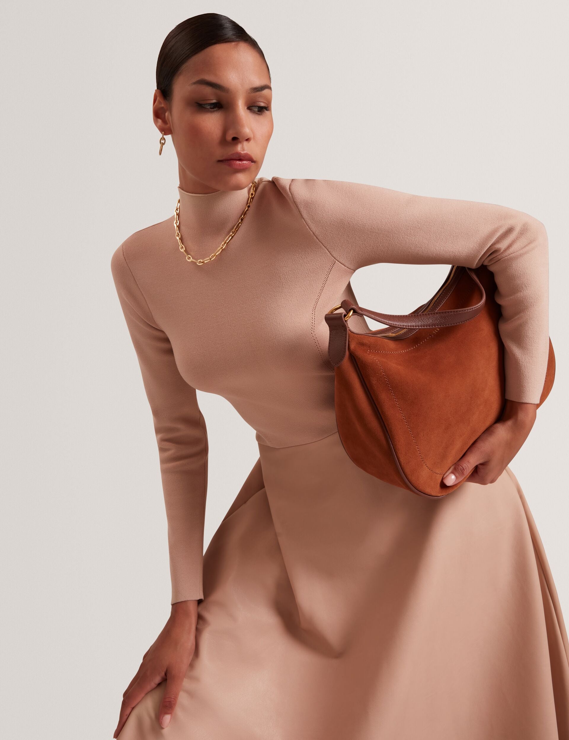 High Neck Knit & Faux Leather Midi Dress | Allmie | Ted Baker UK High Neck Knit & Faux Leather Midi Dress | Allmie | Ted Baker UK