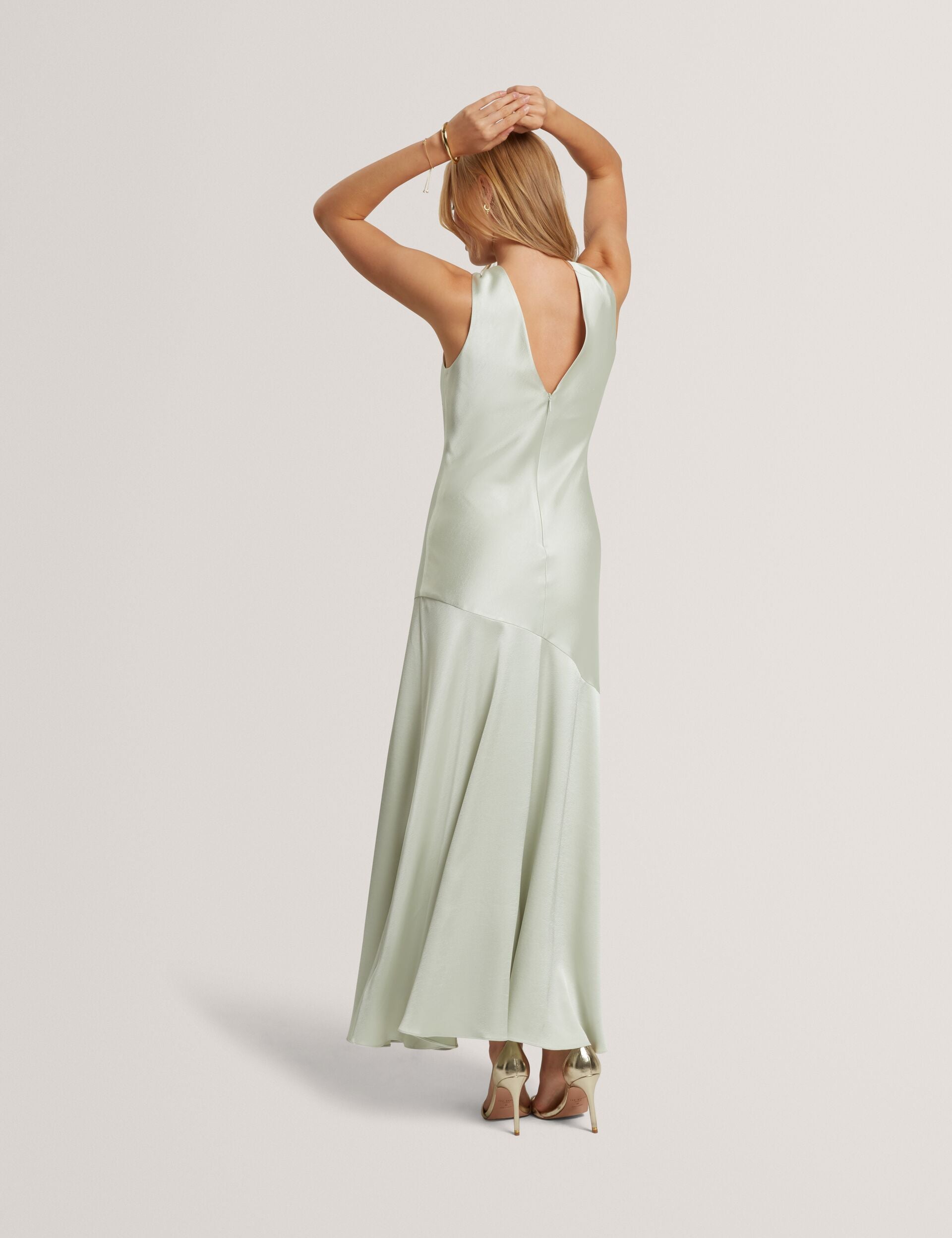Pale Green Satin Sleeveless V-neck Maxi Dress | Sanari | Ted Baker IE Pale Green Satin Sleeveless V-neck Maxi Dress | Sanari | Ted Baker IE