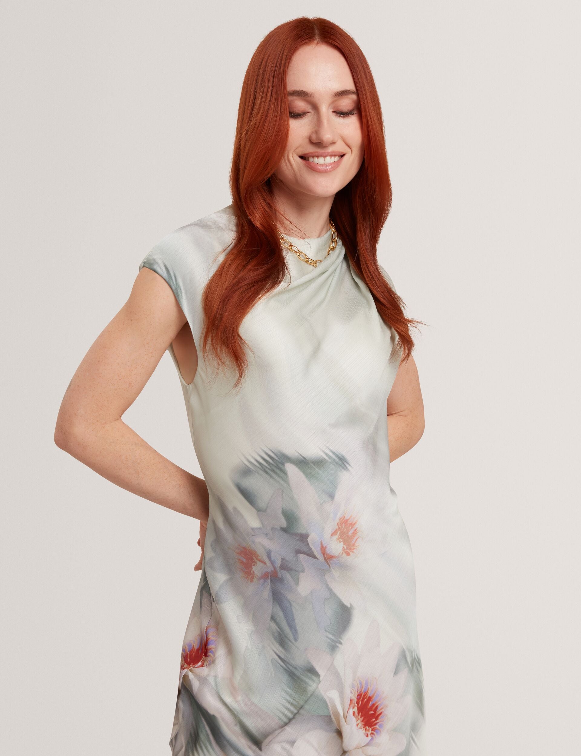 Pale Green Lily Print Drape Neck Midi Dress | Shayyla | Ted Baker UK Pale Green Lily Print Drape Neck Midi Dress | Shayyla | Ted Baker UK