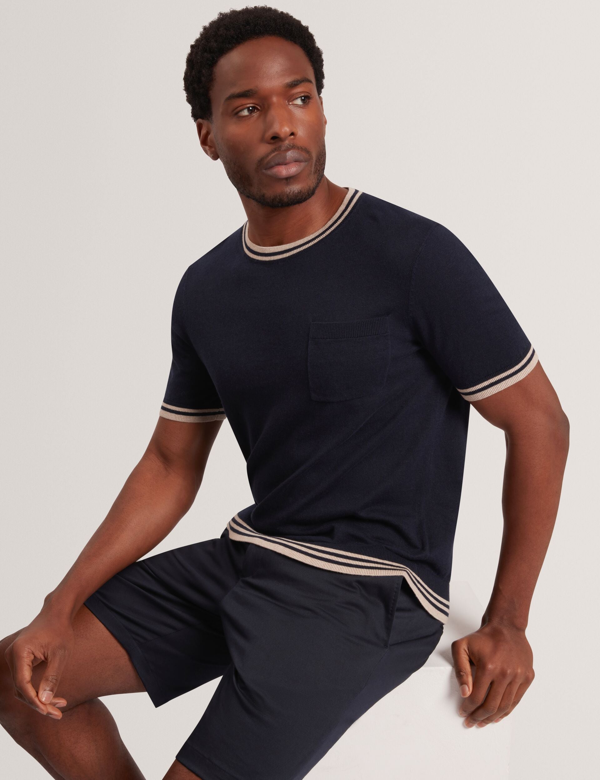 MELOP Striped Trim Linen Blend Knit T-Shirt