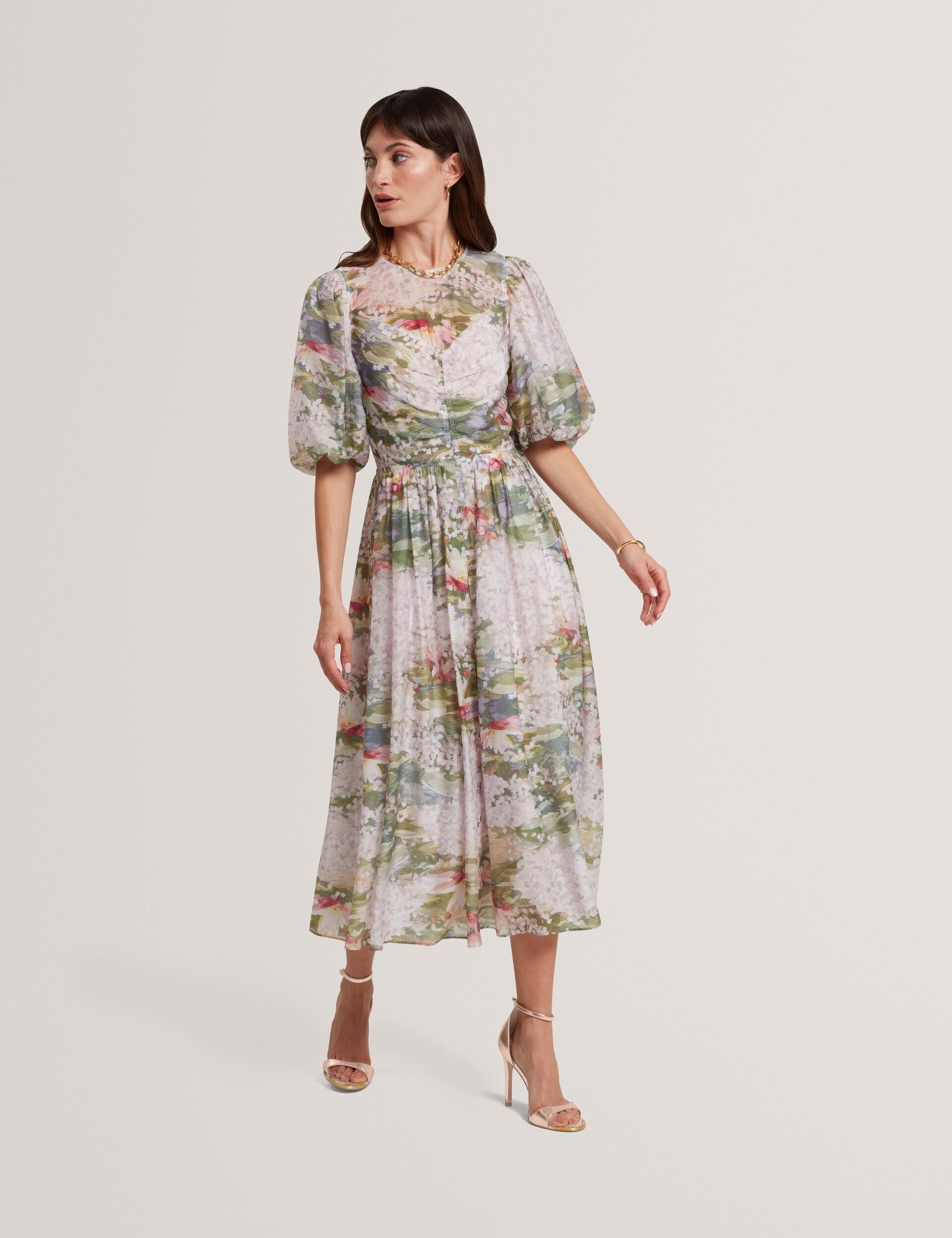 Lilypad Print Puff Sleeve Midi Dress | Jonora | Ted Baker UK