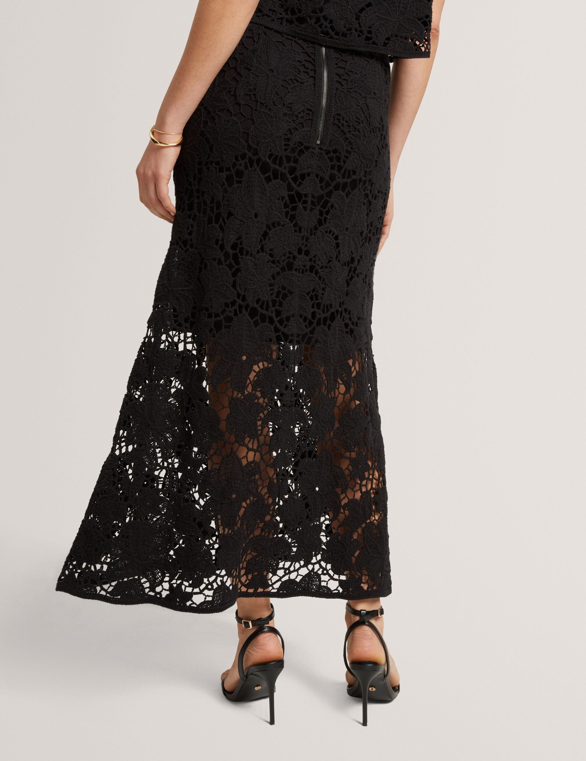 APHRIA Crochet Lace Flared Midi Skirt