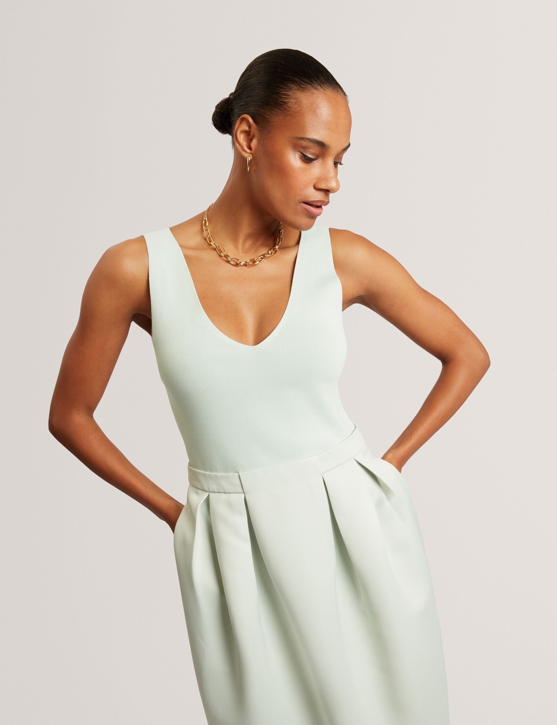 Pale Green Sleeveless Knit & Satin Tulip Midi Dress | Verlene | Ted Baker UK Pale Green Sleeveless Knit & Satin Tulip Midi Dress | Verlene | Ted Baker UK