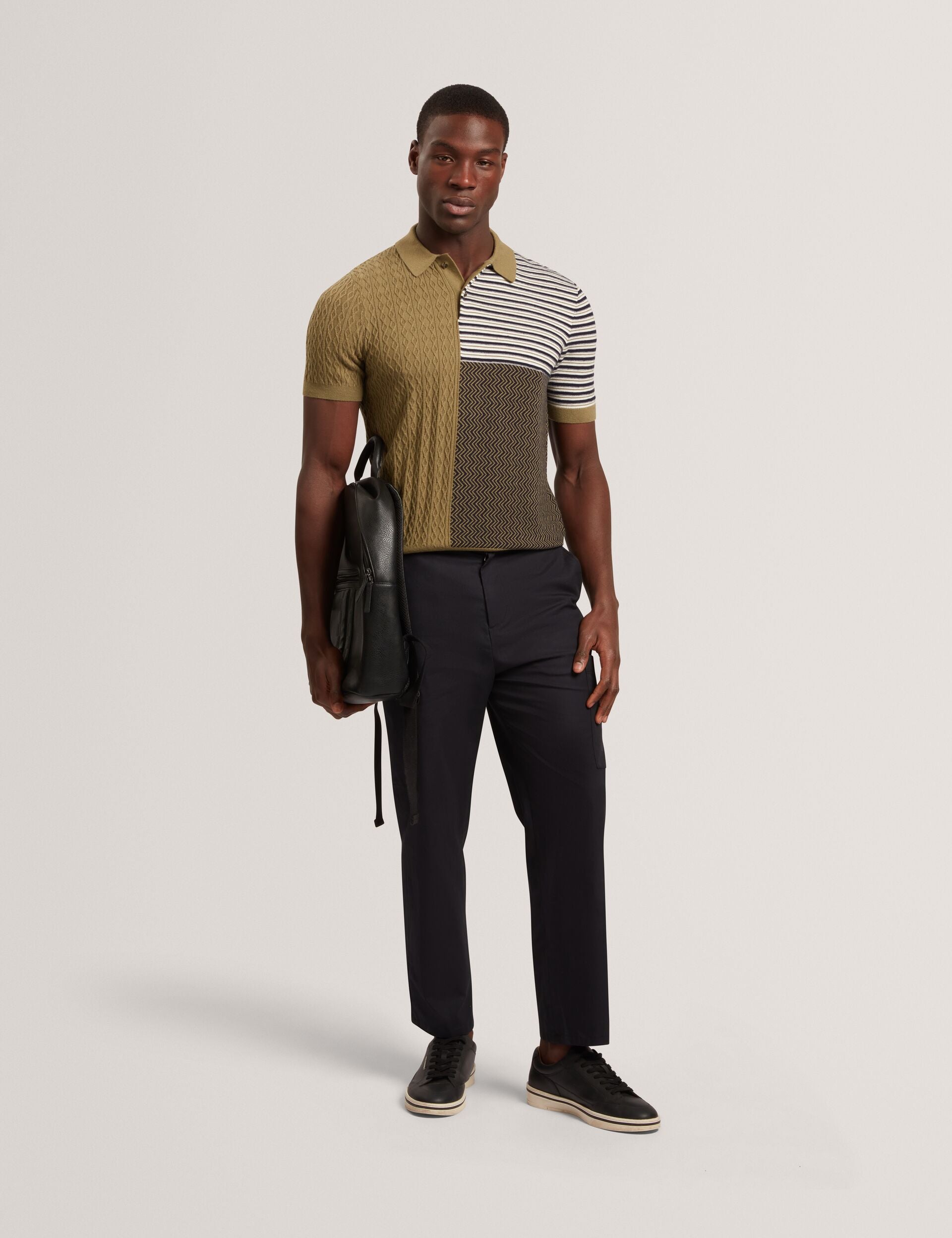 MINSTA Patchwork Wool Blend Knit Polo Shirt