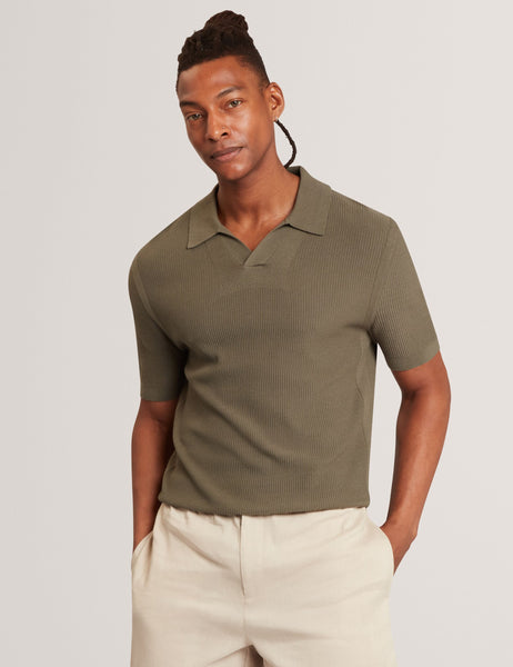 AINDREA Stitched Rib Open Neck Polo Shirt