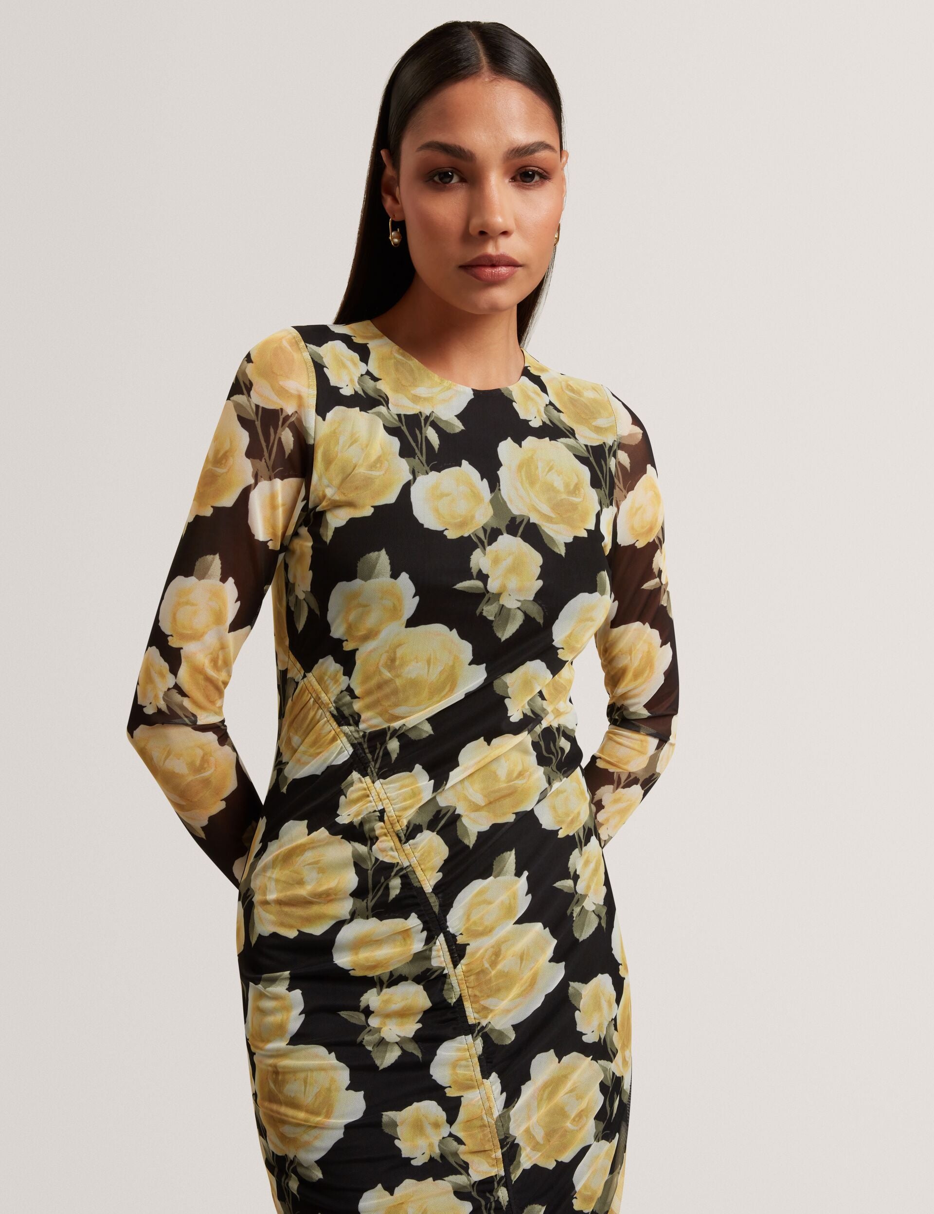Black Rose Print Mesh Long Sleeve Bodycon Midi Dress | Elvyn | Ted Baker UK