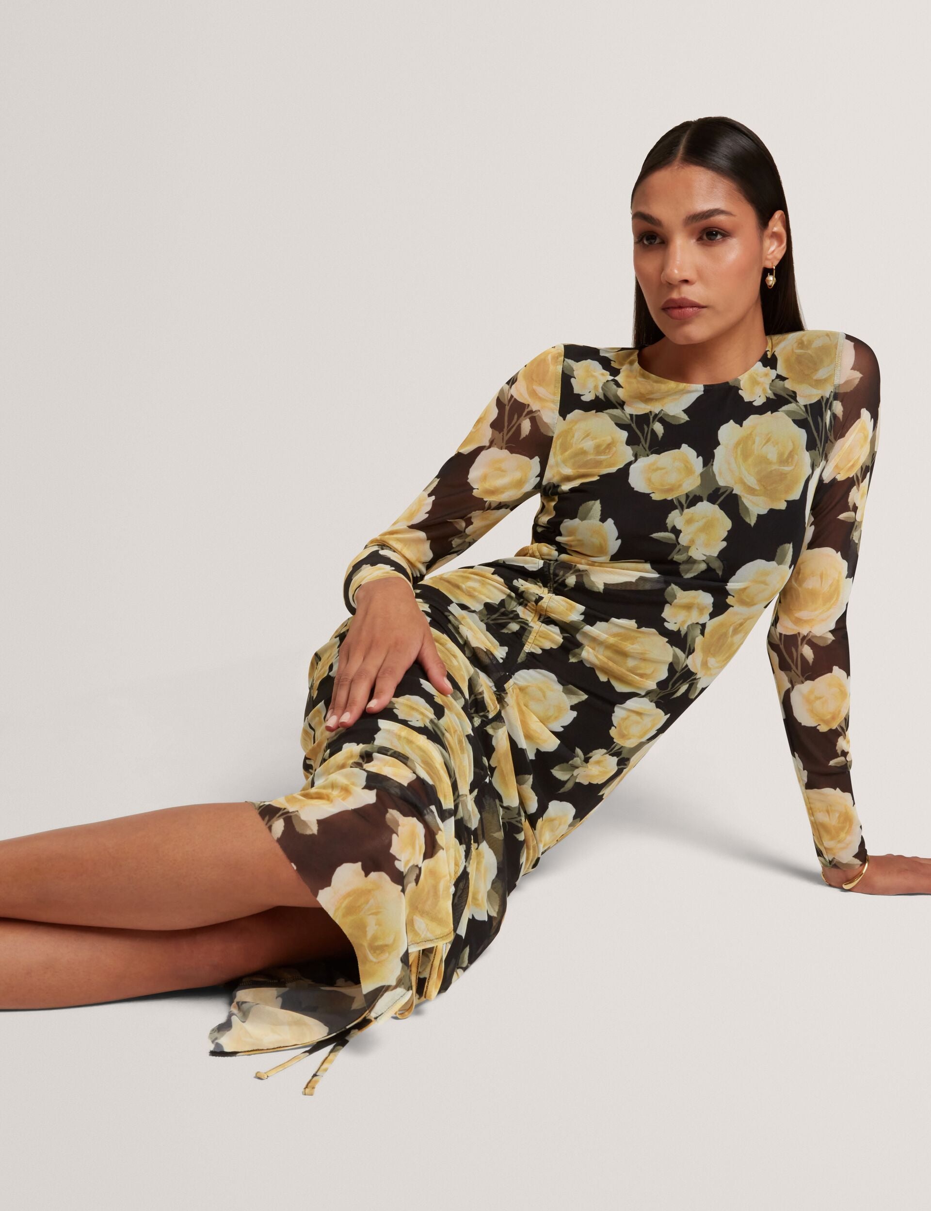 Black Rose Print Mesh Long Sleeve Bodycon Midi Dress | Elvyn | Ted Baker UK