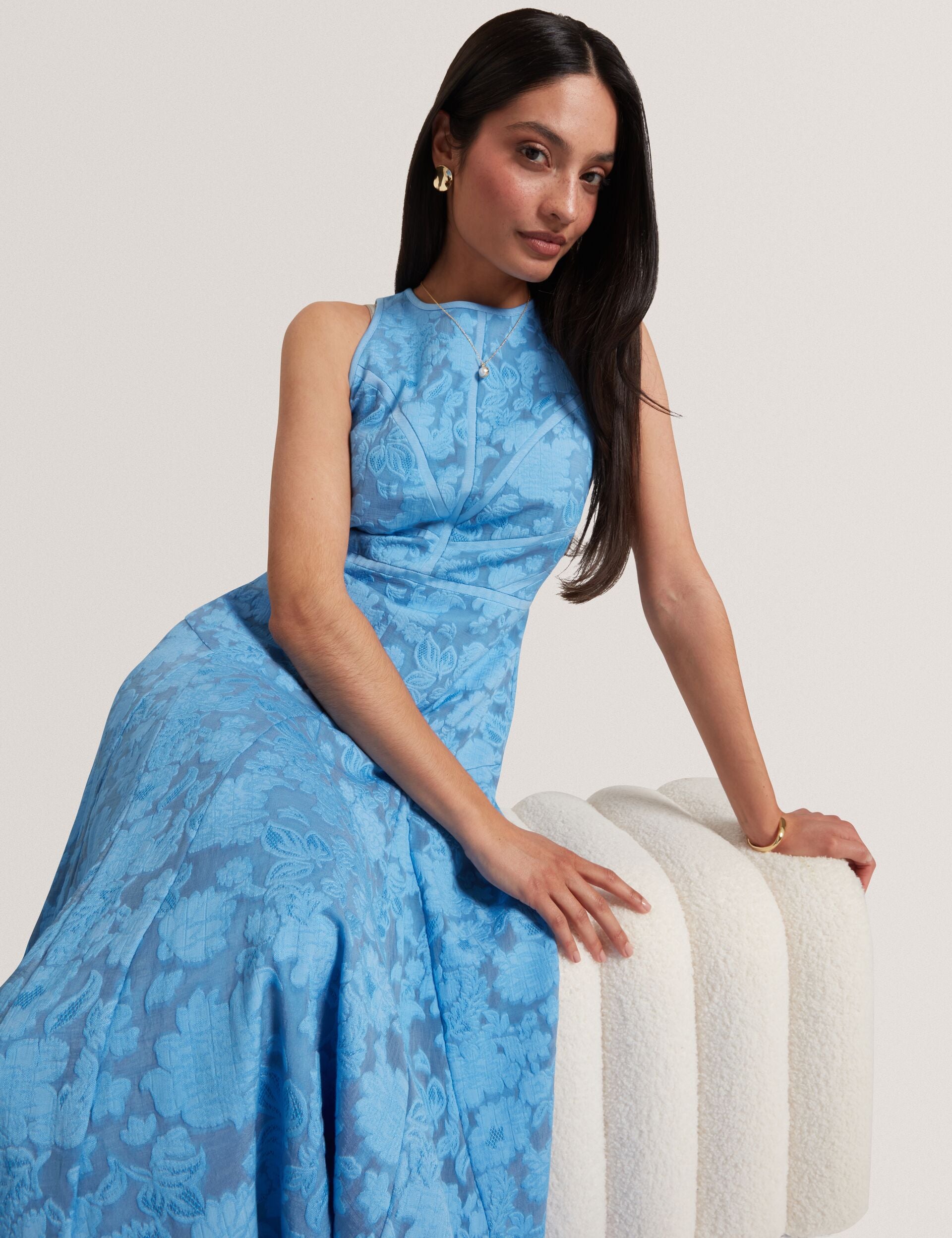 Floral Texture Sleeveless A-line Midi Dress | Leesaa