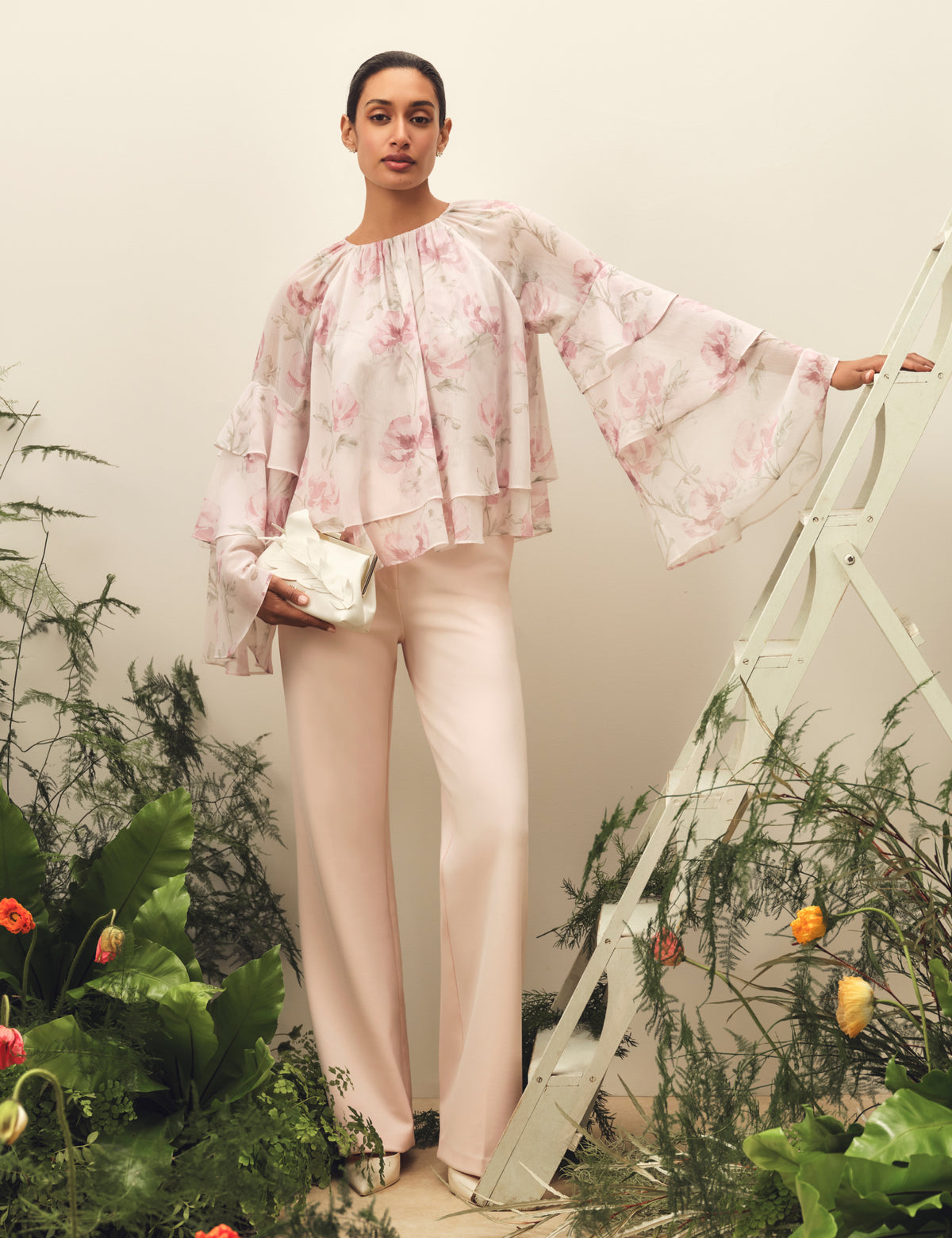 Pale Pink Rose Print Frilled Long Sleeve Top | Rizaa | Ted Baker UK