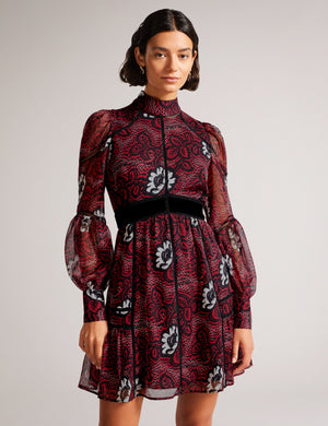 LADDER TRIM INSERT HIGH NECK DRESS | RED