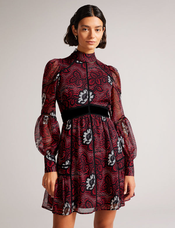 LADDER TRIM INSERT HIGH NECK DRESS | RED