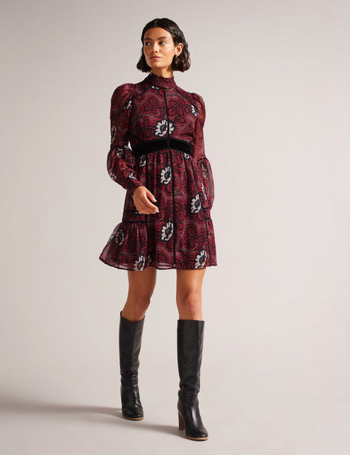 LADDER TRIM INSERT HIGH NECK DRESS | RED