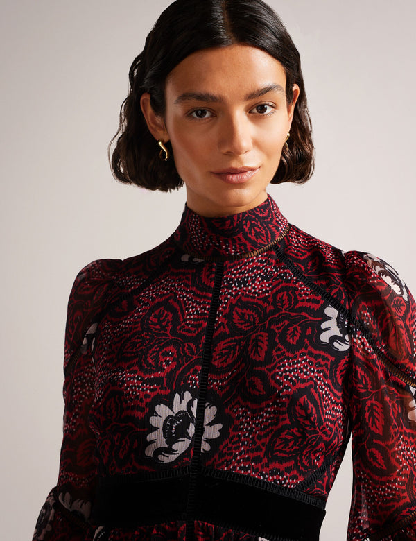 LADDER TRIM INSERT HIGH NECK DRESS | RED