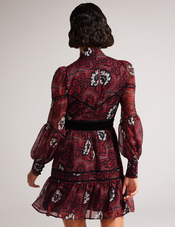 LADDER TRIM INSERT HIGH NECK DRESS | RED