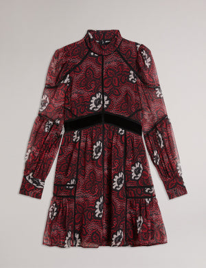 LADDER TRIM INSERT HIGH NECK DRESS | RED