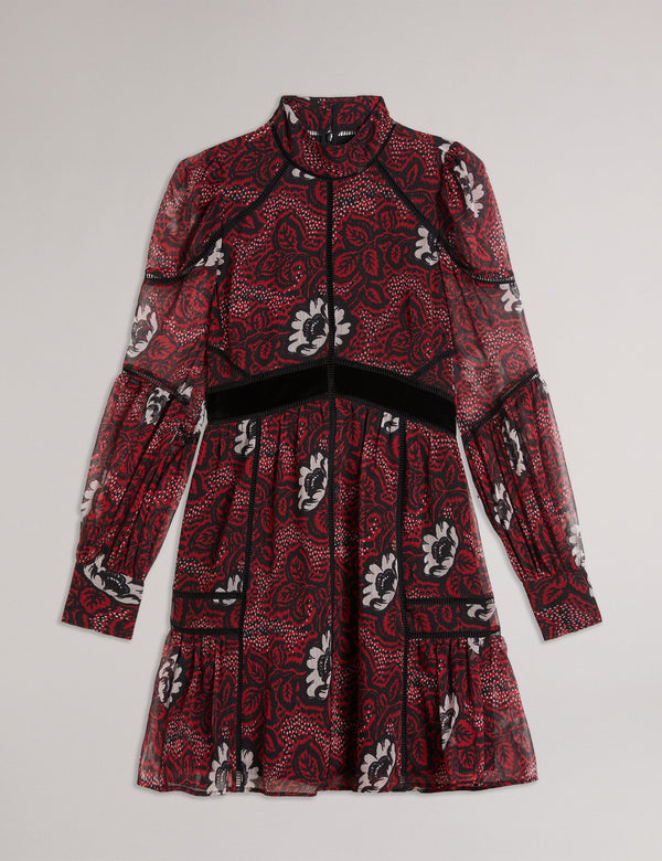 LADDER TRIM INSERT HIGH NECK DRESS | RED