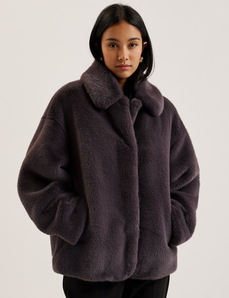 Dk-grey Faux Fur Collared Short Coat Liliam Ted Baker UK