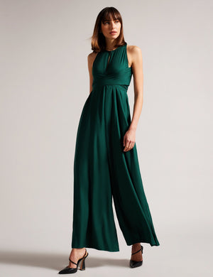 HALTER NECK JUMPSUIT WITH WRAP BODICE | DK-GREEN