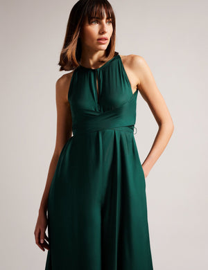HALTER NECK JUMPSUIT WITH WRAP BODICE | DK-GREEN