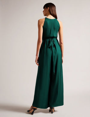 HALTER NECK JUMPSUIT WITH WRAP BODICE | DK-GREEN