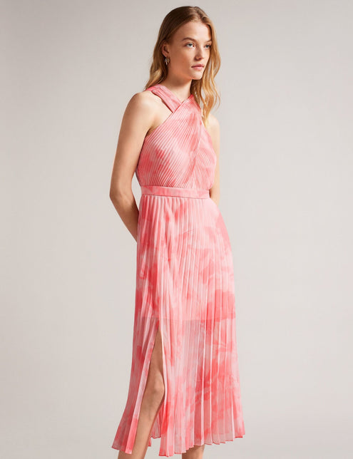 CROSS FRONT PLEATED DRESS | CORAL