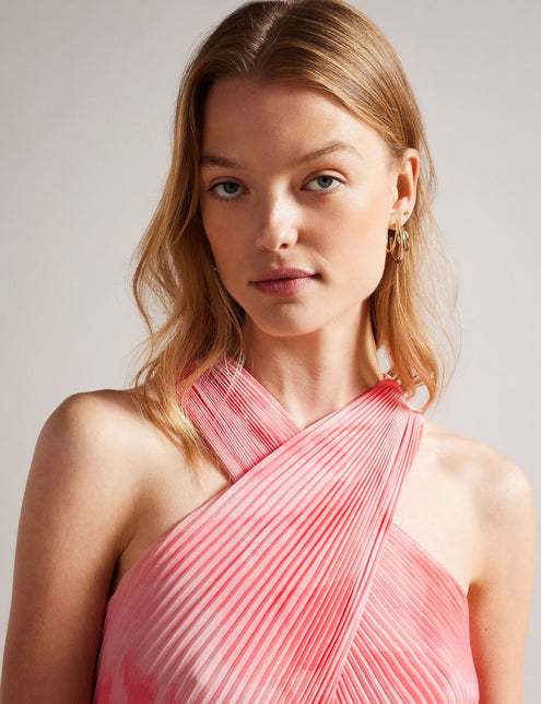 CROSS FRONT PLEATED DRESS | CORAL