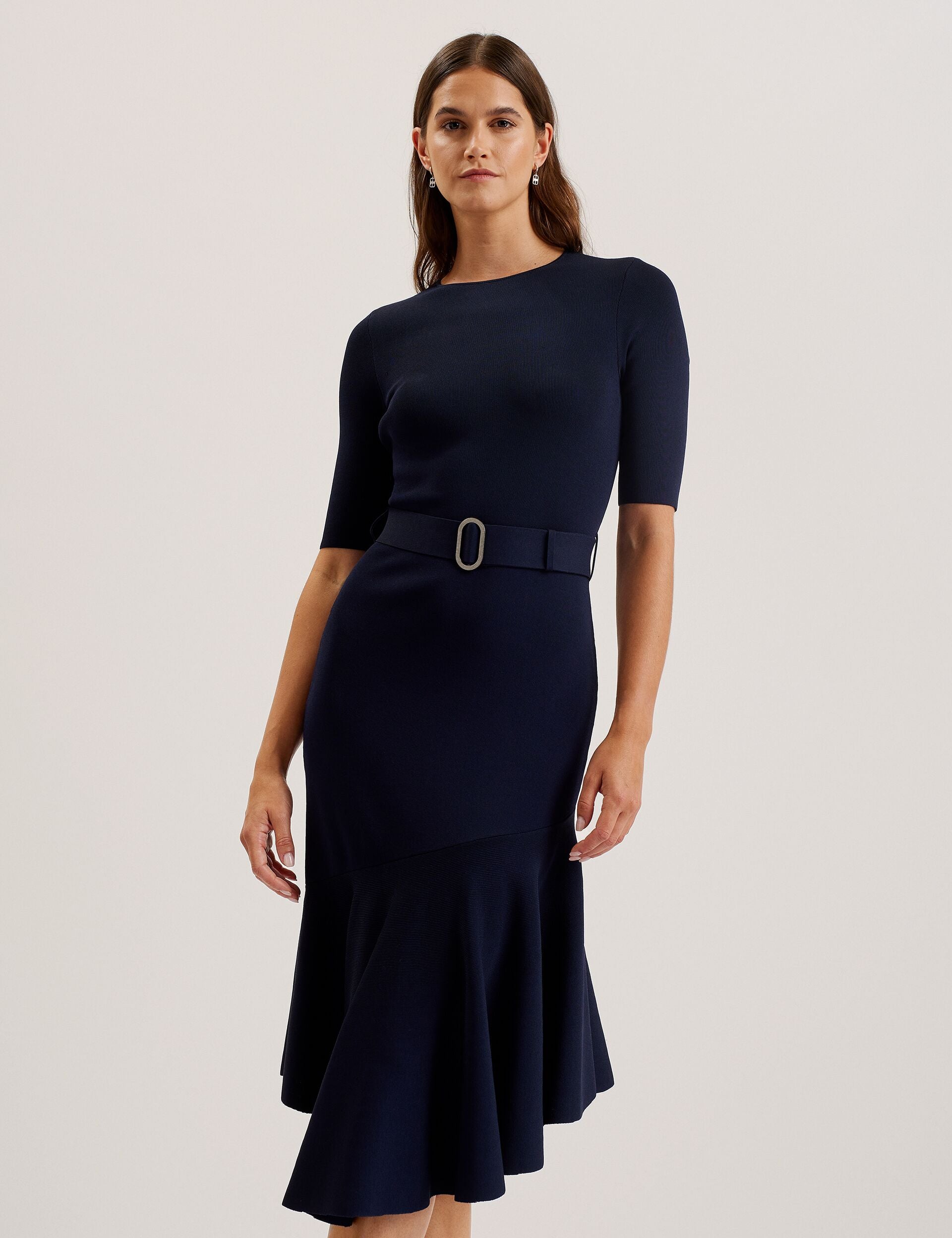 Dark Blue Flippy Hem Knitted Midi Dress With Belt | Samalee | Ted