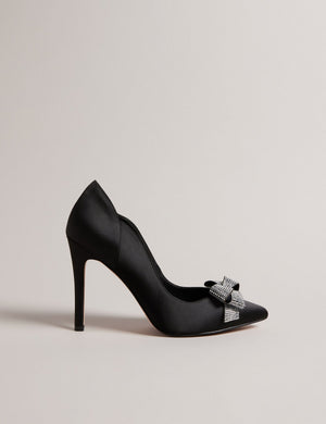 SATIN CRYSTAL BOW HEEL | BLACK