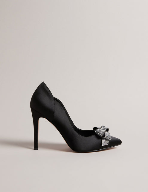 SATIN CRYSTAL BOW HEEL | BLACK