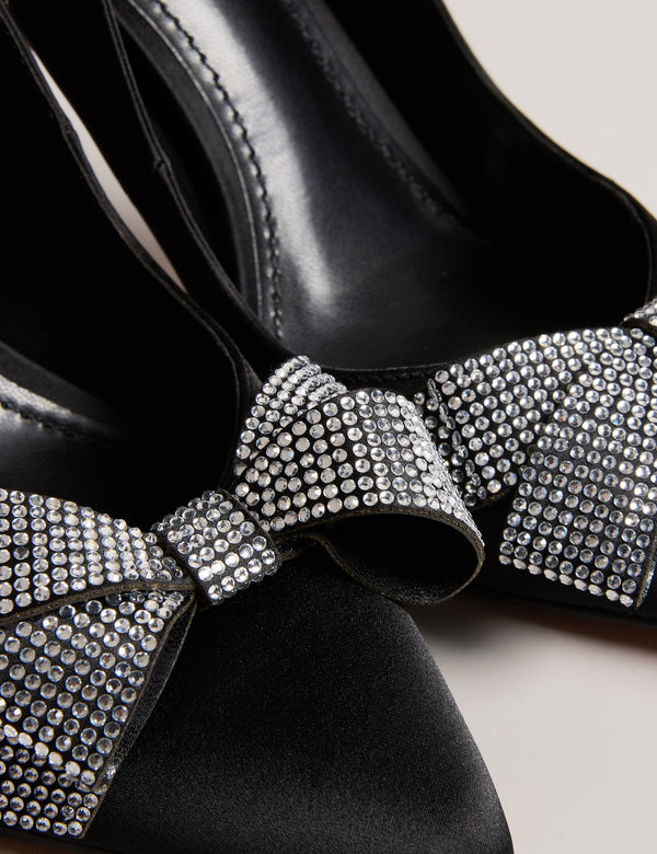 SATIN CRYSTAL BOW HEEL | BLACK