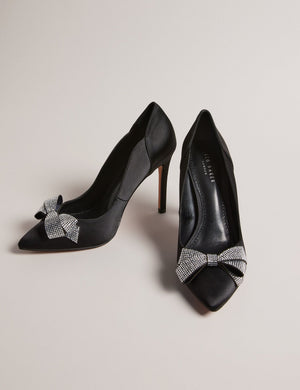SATIN CRYSTAL BOW HEEL | BLACK