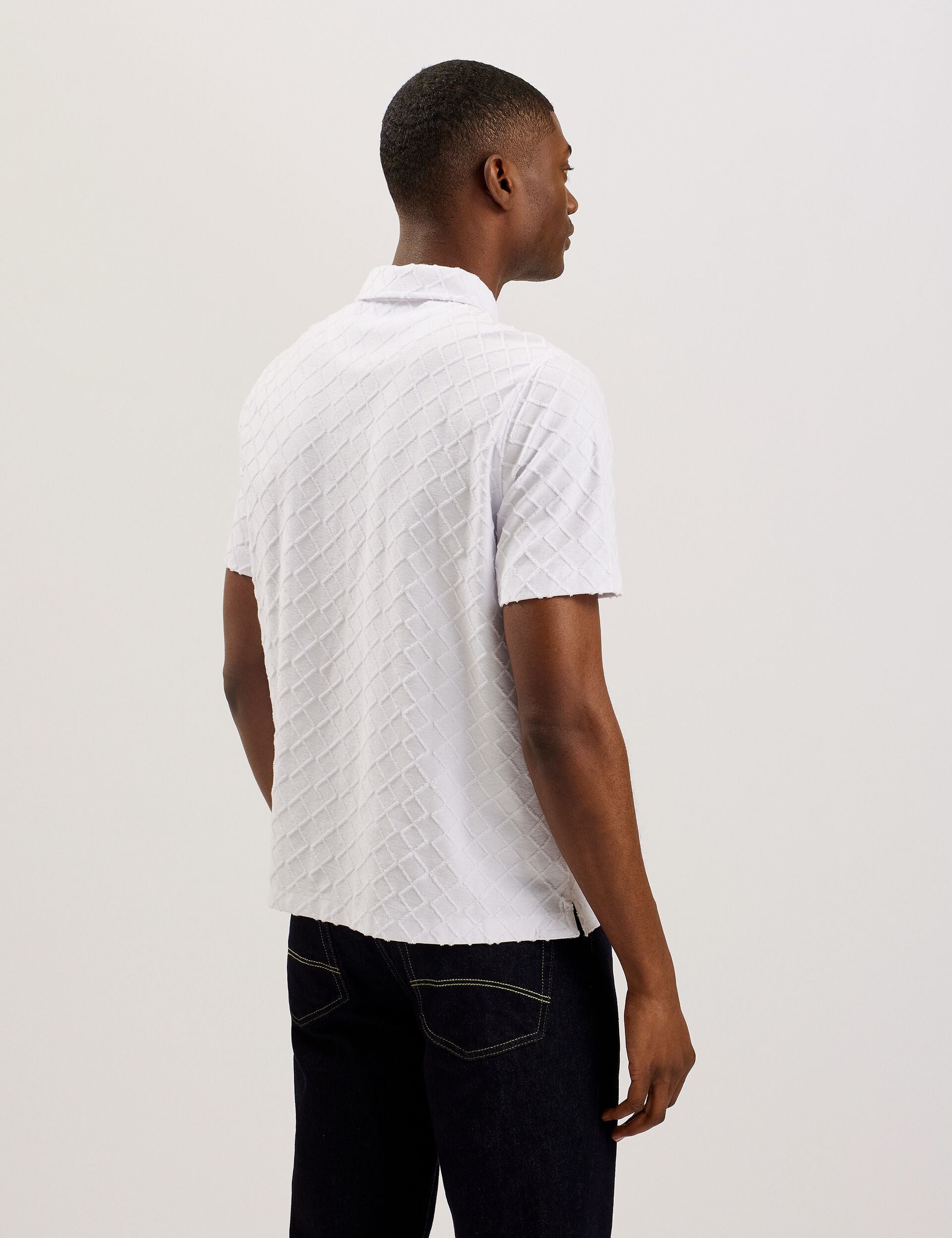 White Short Sleeve Regular Textured Towelling Zip Polo | Ansom