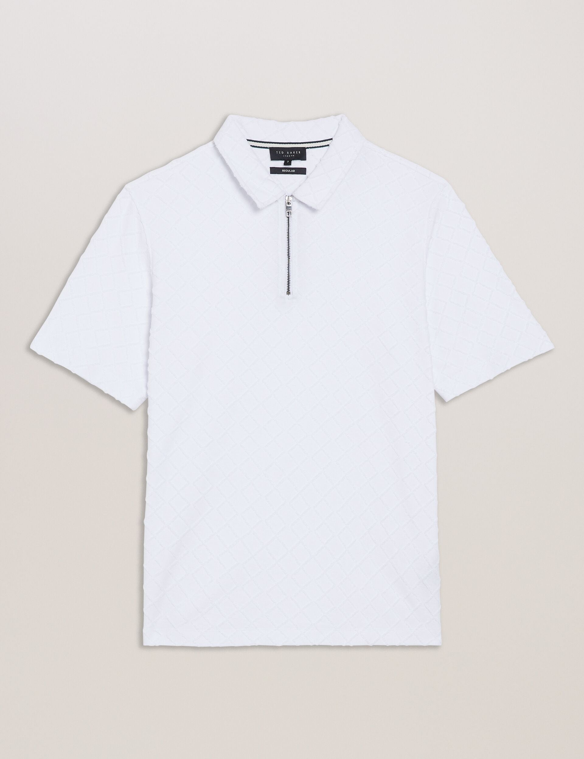 White Short Sleeve Regular Textured Towelling Zip Polo