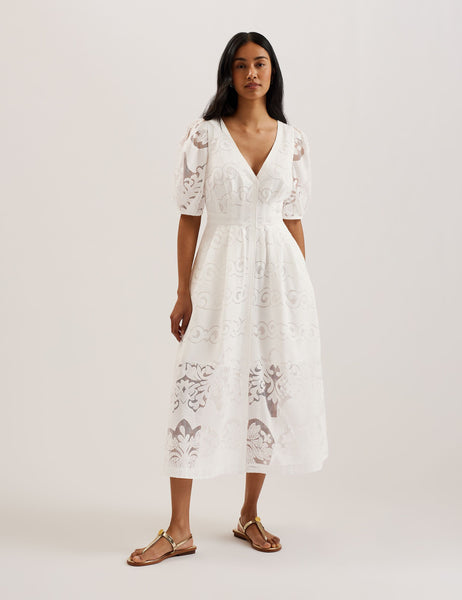 strapless open back dress Lace Puff Sleeve Cotton Blend Midi Dress | Agnel