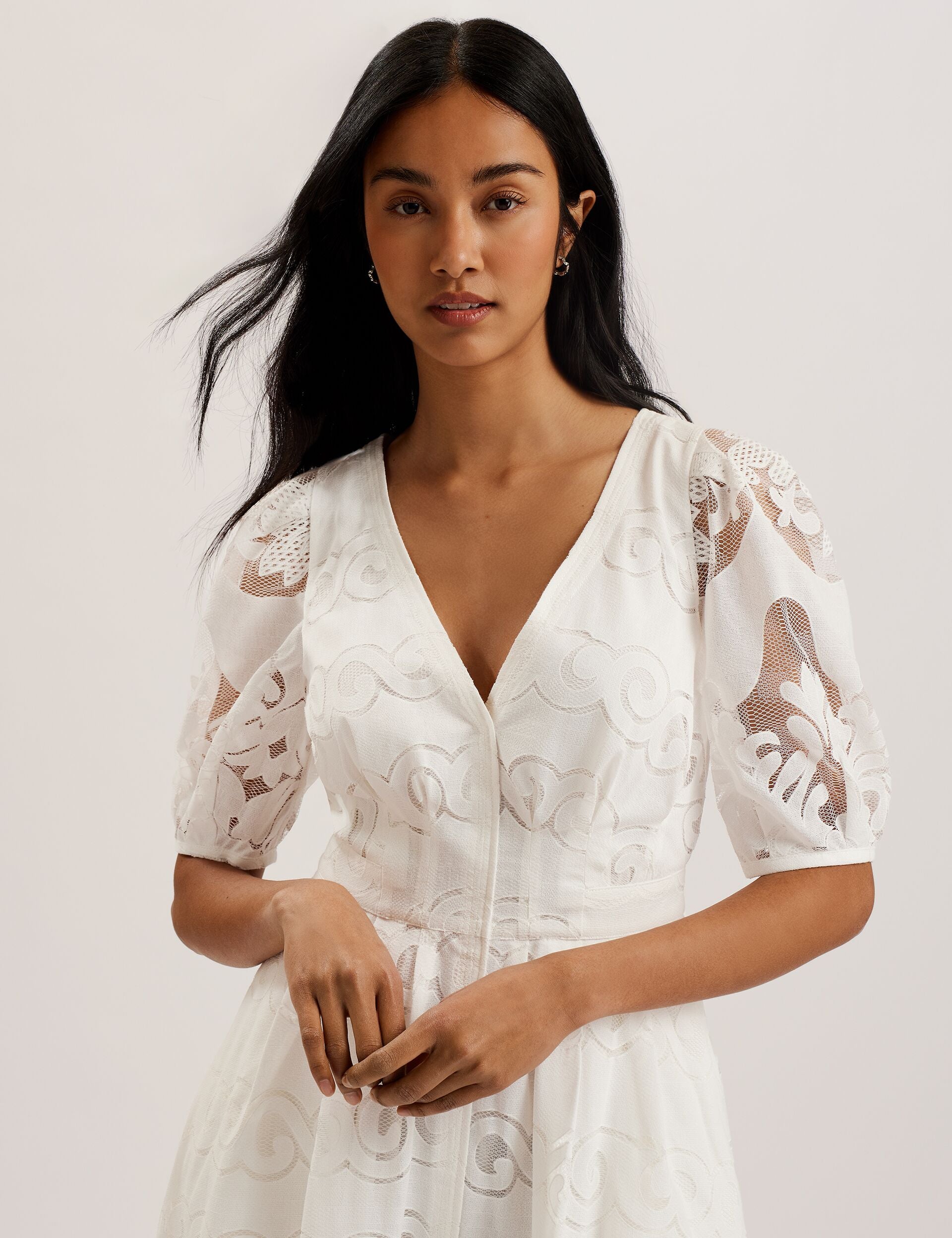 White Lace Puff Sleeve Cotton Blend Midi Dress | Agnel | Ted Baker US White Lace Puff Sleeve Cotton Blend Midi Dress | Agnel | Ted Baker US