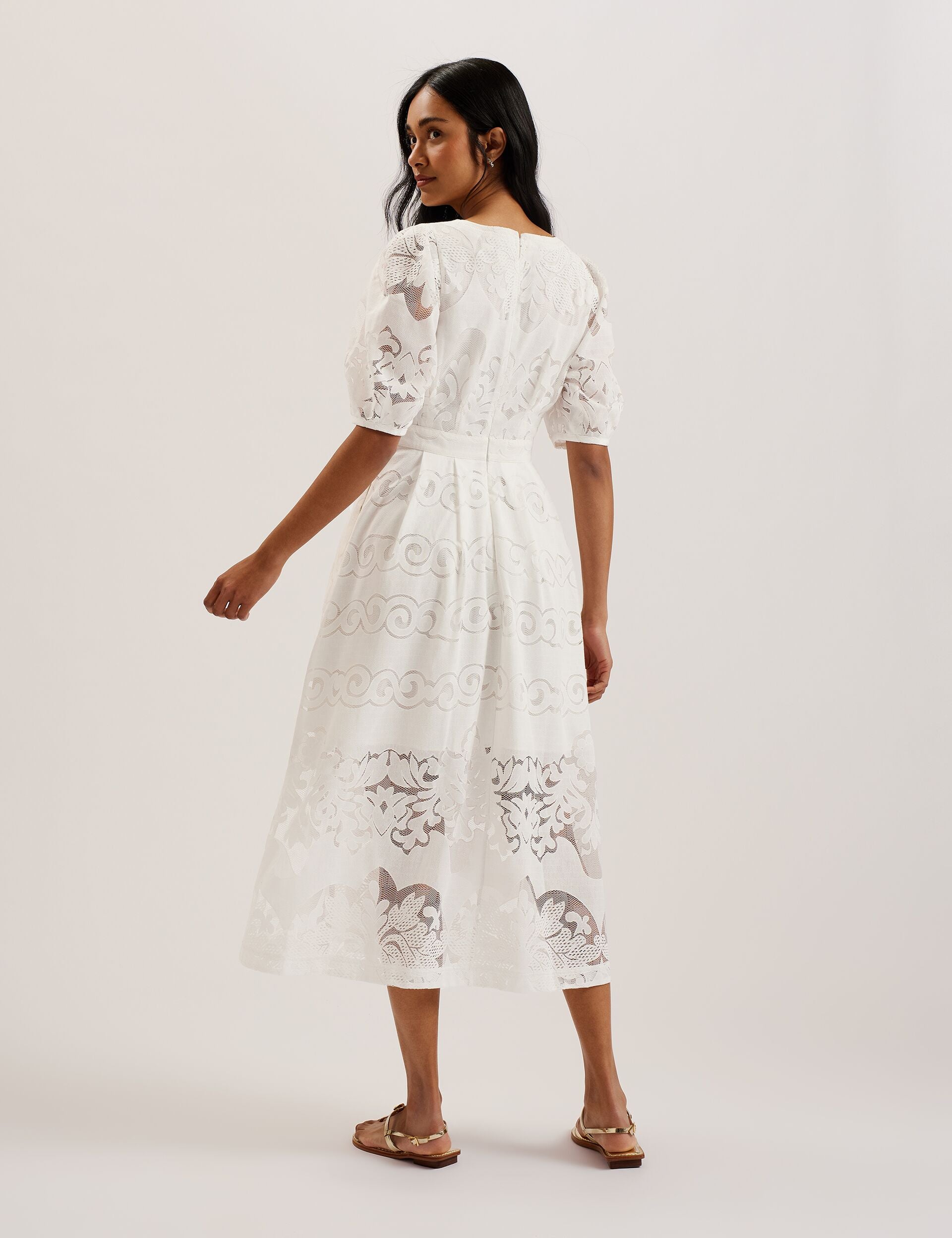 White Lace Puff Sleeve Cotton Blend Midi Dress | Agnel | Ted Baker US White Lace Puff Sleeve Cotton Blend Midi Dress | Agnel | Ted Baker US