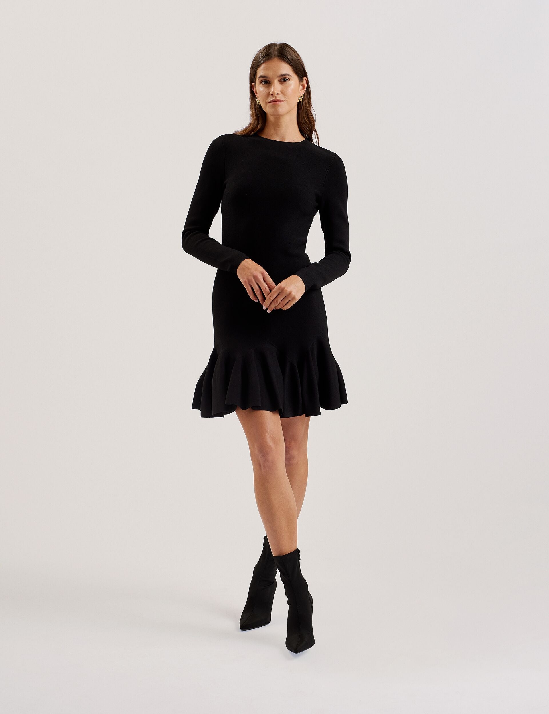 LOISSS - Flounce Hem Long Sleeve Knitted Mini Dress LOISSS - Flounce Hem Long Sleeve Knitted Mini Dress