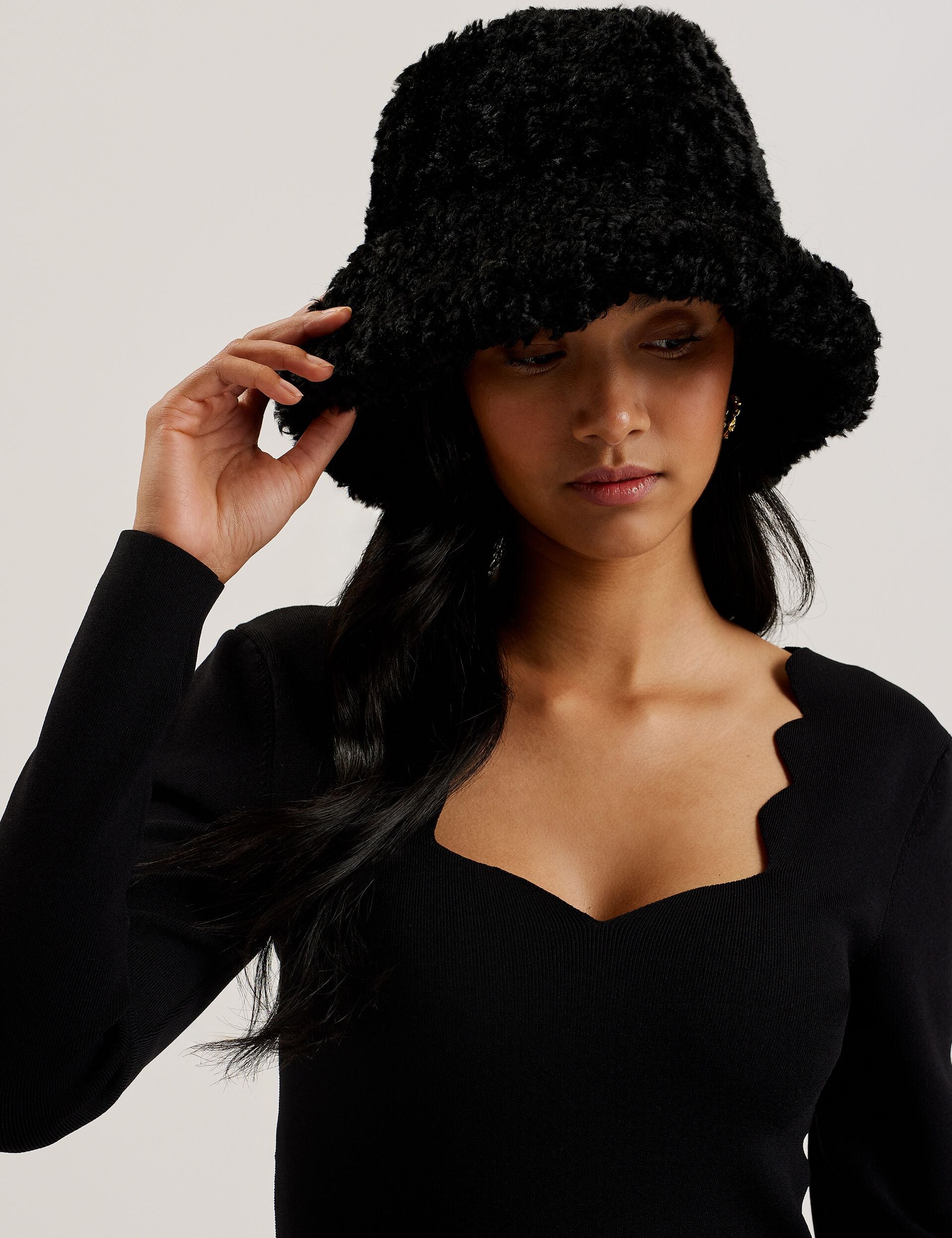 Black Faux Shearling Wide Brim Bucket Hat | Fluffyi | Ted Baker UK